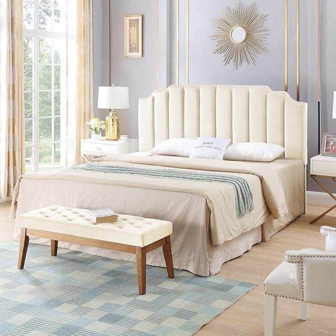 24KF Cream Velvet Tufted King Upholstered Headboard, Modern Vertical Channel Design California King Headboard with Stepped Silhouette Top Edge,Cream-Ruum Studio Home