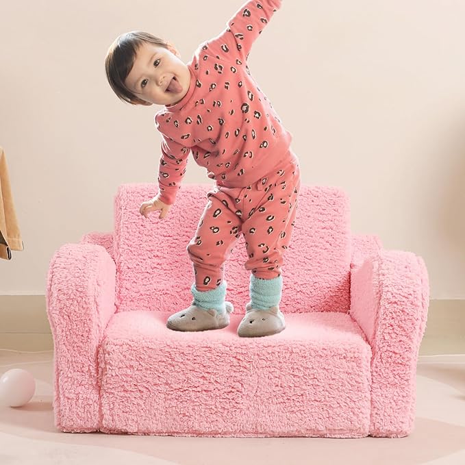 Kids Chairs for Toddler, 2-in-1 Toddler Soft Sherpa Couch Fold Out, Convertible Sofa to Lounger for Girls and Boys, Pink-Ruum Studio Home