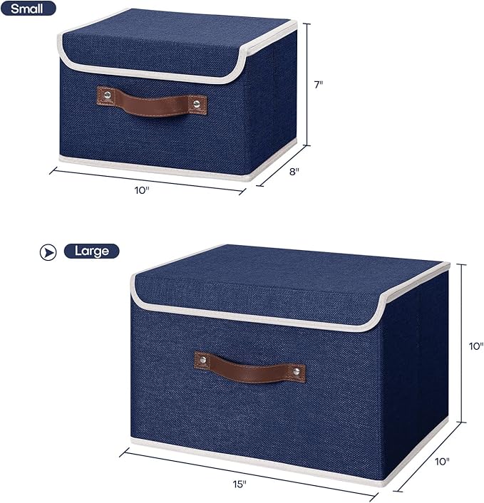 ANMINY 2PCS Storage Bins with Lid PU Leather Handles Storage Boxes PP Plastic Board Decorative Foldable Lidded Cotton Linen Fabric Home Cubes Baskets Closet Organizer Containers - Blue, Large Size-Ruum Studio Home