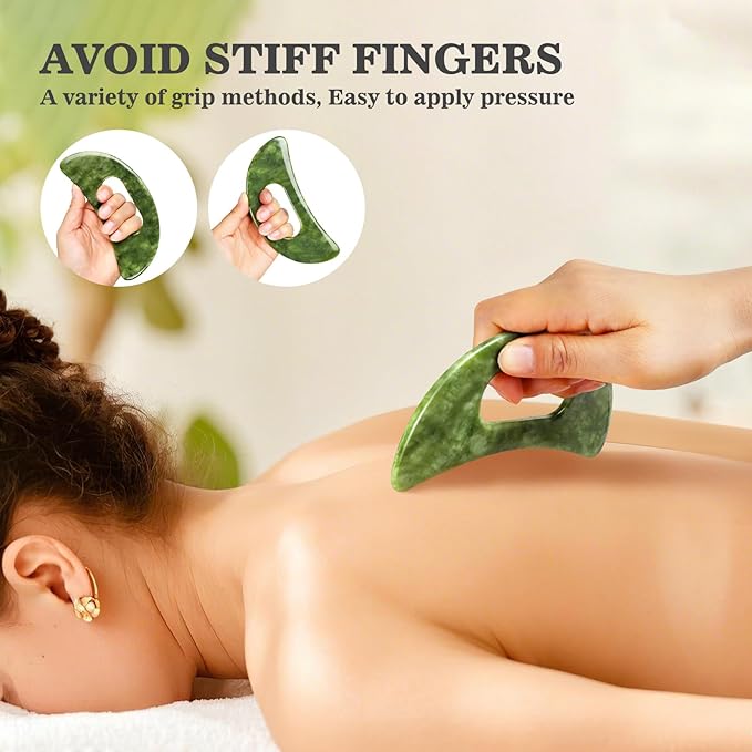 2 PCS Jade Stone Gua Sha Massage Tool, Large Guasha Muscle Scraper Tools Set with Handle Muscle Scraping Massage Tools S Shaped Anti Cellulite Spa Acupuncture Tools for Lymphatic Drainage-Ruum Studio Home