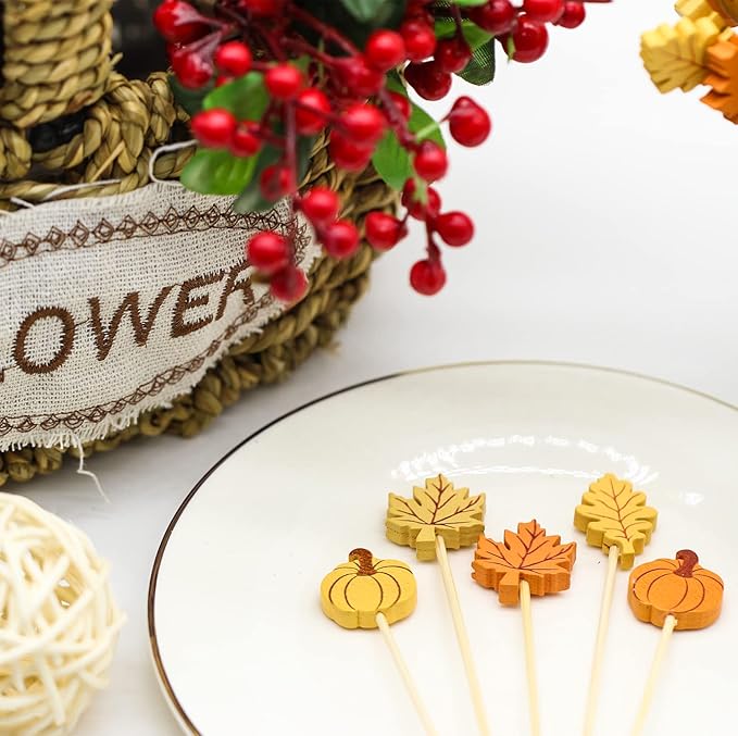 Fall Cocktail Picks Pumpkin Maple Leaf Assorted Autumn Theme Toothpicks Fruit Drinks Dessert Sticks Food Sandwich Appetizer Charcuterie Skewers, for Thanksgiving Decorations Party Supplies (100)-Ruum Studio Home