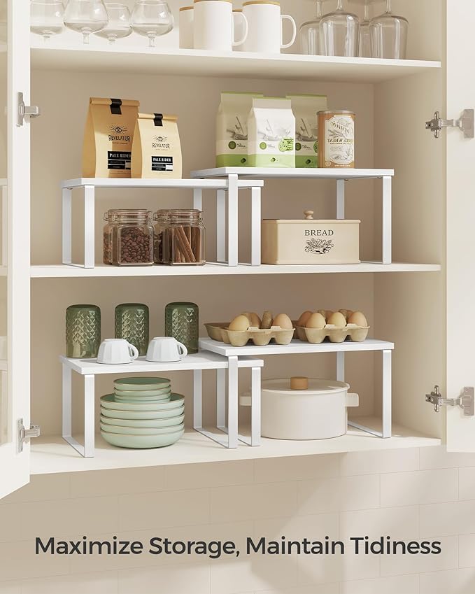 SONGMICS Cabinet Organizer Shelf, Set of 2 Kitchen Counter Shelves, Kitchen Storage, Spice Rack, Stackable, Expandable, Metal and Engineered Wood, Cloud White and Snow White UKCS02W01-Ruum Studio Home