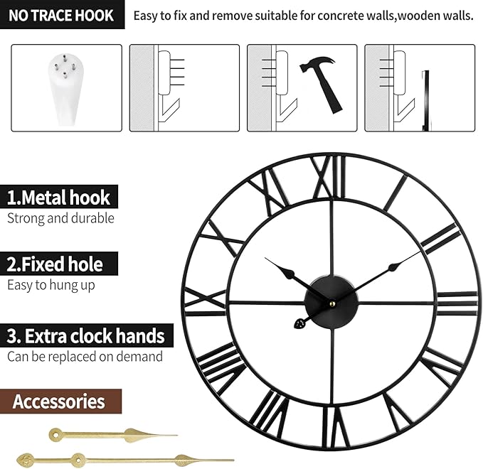 Large Wall Clock for Living Room Decor - 47cm/ 18 Inches Silent Non-Ticking Metal Wall Clocks Battery Operated, Vintage Decorative Modern Wall Clock for Bedroom, Office, Farmhouse Decor