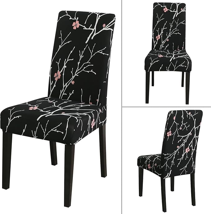 JQinHome Pattern Chair Covers for Dining Room Set of 6, High Stretch Removable Washable Parsons Chair Slipcover for Home Party Hotel Wedding Ceremony (Flourish Black,6PCS)-Ruum Studio Home