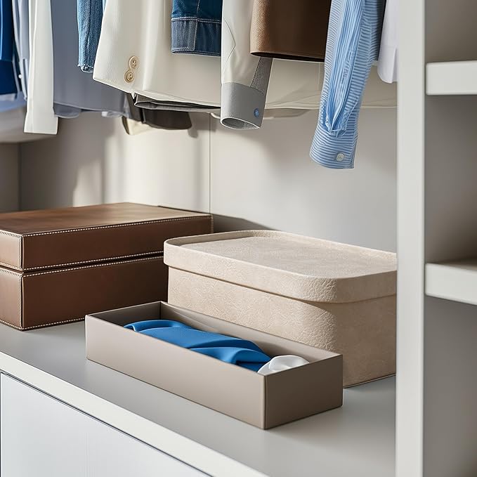 La Jolie Maison Vegan Leather Storage Boxes with Lids, Set of 3 Decorative Storage Containers Organize Stackable Storage Box, Beige-Ruum Studio Home