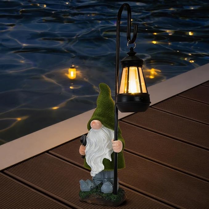 Solar Garden Gnome Decor Outdoor Statue - Gnome With LED Waterproof Sculptures Lights, Cute Gnome Pond/Yard Statues Outside Decoration, Home, Lawn, Patio, Resin Animal Ornament, Women/Gardening Gift-Ruum Studio Home