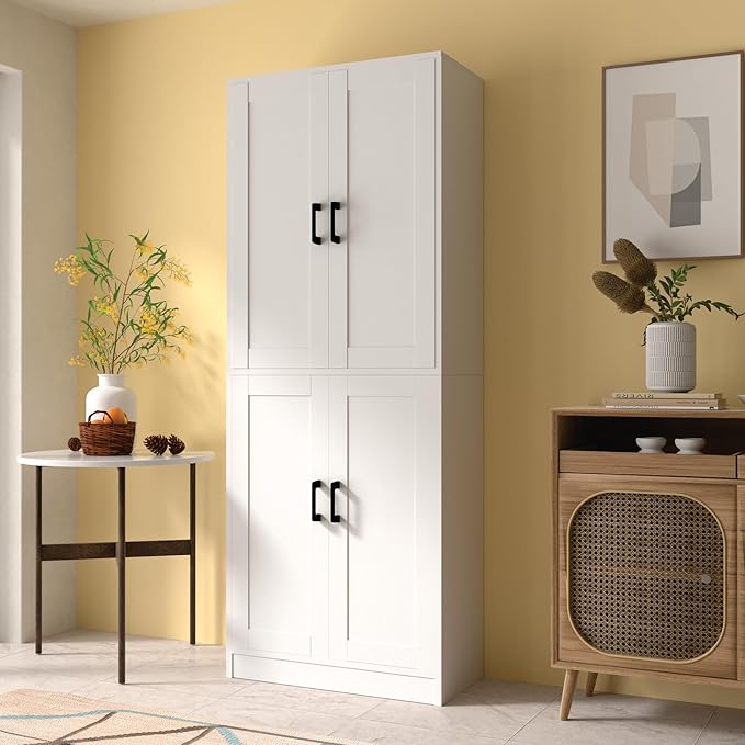 White Kitchen Pantry, 71" Tall Cabinet with Doors, Hutch with Storage for Dining Room-Ruum Studio Home