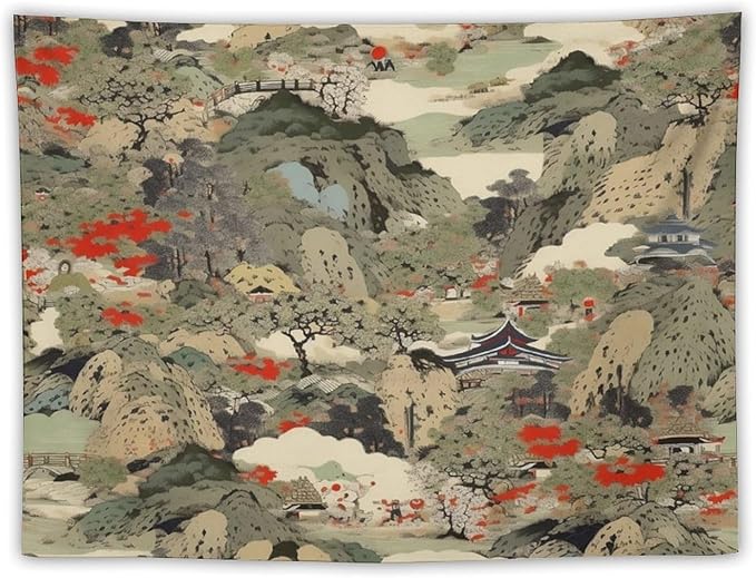 Asian Tapestry,Japanese Red Landscape Asian Watercolor Abstract Art Tapestry, Asian Japanese Wall Tapestry, Nature Landscape Tapestries for Bedroom Living Room Decor 60"x40"-Ruum Studio Home