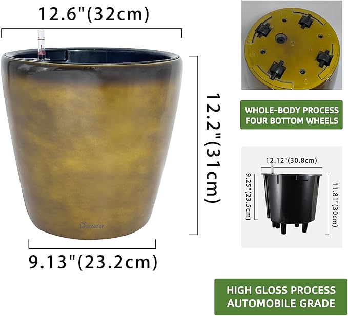 Dexceder 13x12 Self Watering Planter with Wheels Indoor Outdoor, Inner Pot Design, Thickened Large Floor Standing Flower Plant Pot with Water Level Indicator (Yellow Brown Gradient)-Ruum Studio Home