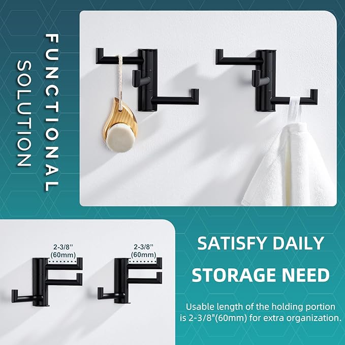 Angle Simple Swivel Towel Hooks for Bathroom, SUS 304 Stainless Steel Foldable 3 Arms Robe Towel Holder, Shower Wall Coat Hooks, Matte Black, 2 Pack-Ruum Studio Home