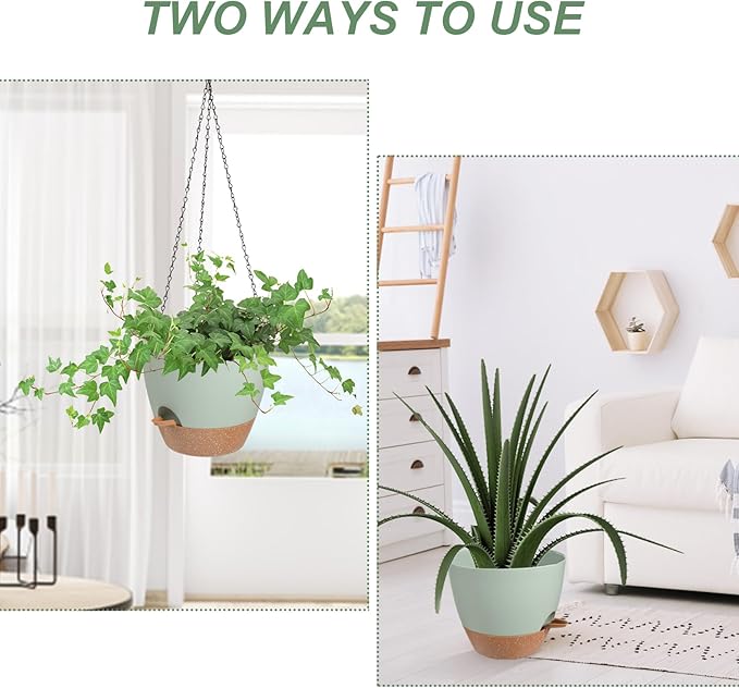 Hanging Planters for Indoor Outdoor Plants, 1 Set Self Watering Hanging Pot with Drainage Holes & Removable Tray (Green-12inch, 12'')-Ruum Studio Home