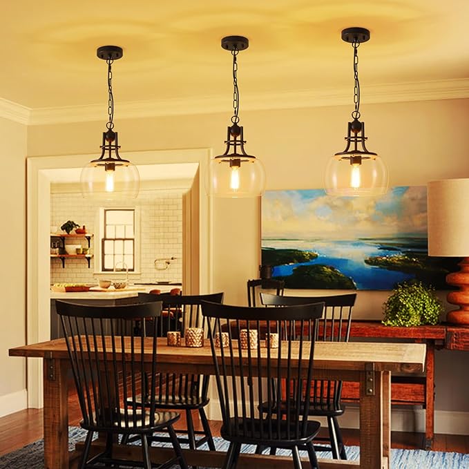 WUZUPS Chandelier Rustic Farmhouse Industrial Round Ceiling Pendant LED Light Fixture with Clear Glass Shades for Dining Room Kitchen Island Foyer Entryway, H 13" x W 10", E26 Base, Black-Ruum Studio Home