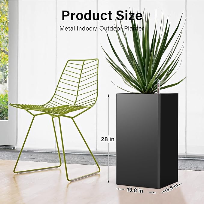Modern Metal Planter Black – 28” Tall with Removable Insert Shelf | Heavy-Duty Outdoor & Indoor Planter Box for Patio, Porch, Garden (14x14x28in)-Ruum Studio Home