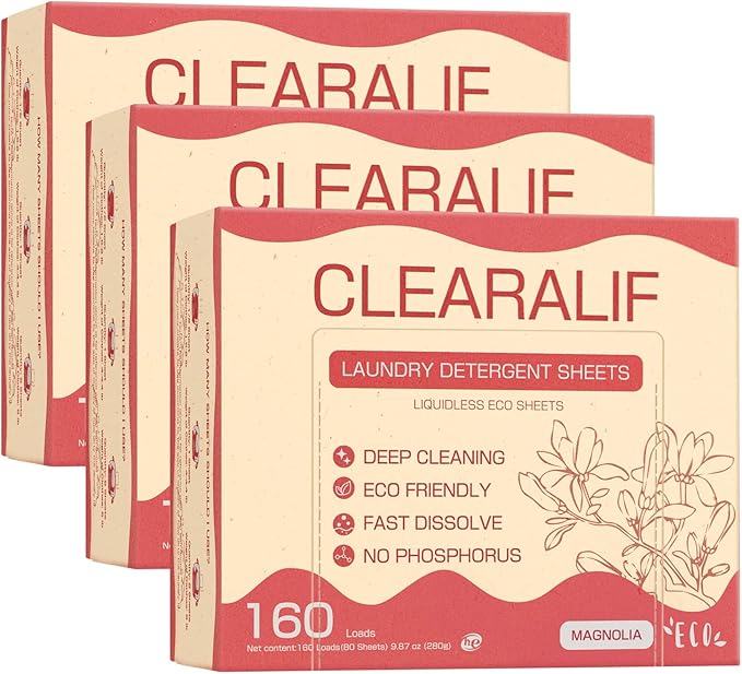 CLEARALIF Laundry Detergent Sheets Up to 160 Loads, Magnolia - Great For Travel,Apartments, Dorms,Laundry Detergent Strips Eco Friendly & Hypoallergenic - 3 PACK-Ruum Studio Home