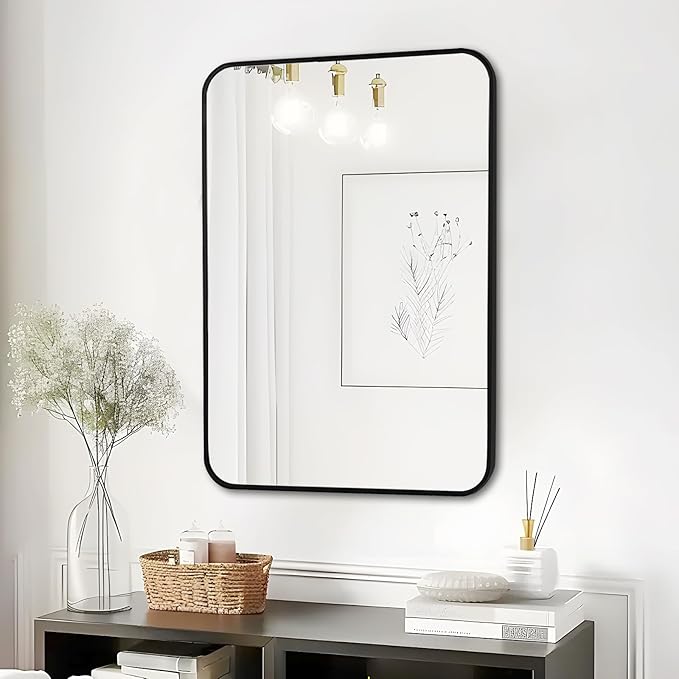Fabuday Black Bathroom Mirror for Over Sink Wall - 24x36 Rectangle Mirror with Matte Metal Frame, Big Rounded Rectangular Vanity Mirrors for Bedroom, Living Room, Entryway, Horizontally/Vertically-Ruum Studio Home