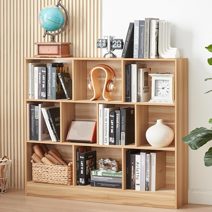 LEYAOYAO 10 Cube Bookshelf with Base,3 Tier Mid-Century Modern Grey Bookcase,Standing Wide Bookshelves Storage Organizer Shelf,Rustic Wood Display Cabinet Book Shelves for Bedroom,Living Room,Office-Ruum Studio Home