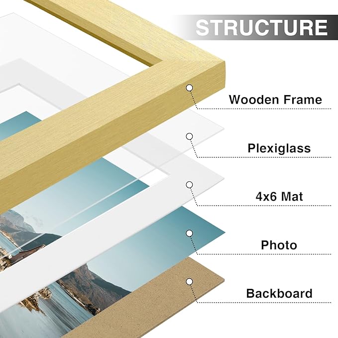 Vittanly 5x7 Picture Frames Set of 9, Shatter Resistant Plexiglass, Display 4x6 Pictures with Mat or 5x7 without Mat, Photo Frames for Wall or Tabletop, Engineered Wood, Gold-Ruum Studio Home