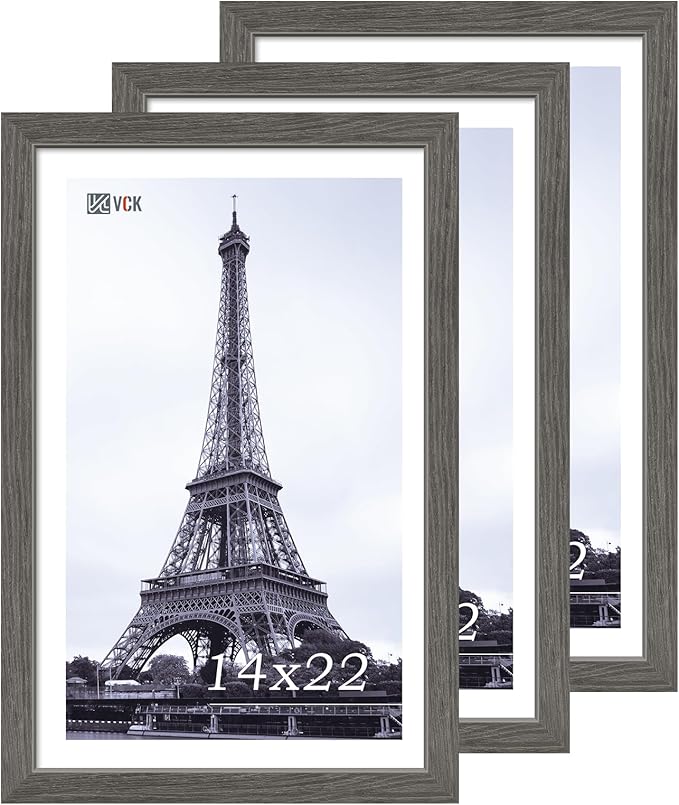 VCK 14x22 Picture Frame Set of 3, Gray Solid Wood Poster Picture Frame, Exclusive Wood Grain, Wall Mounting Hanging-Ruum Studio Home