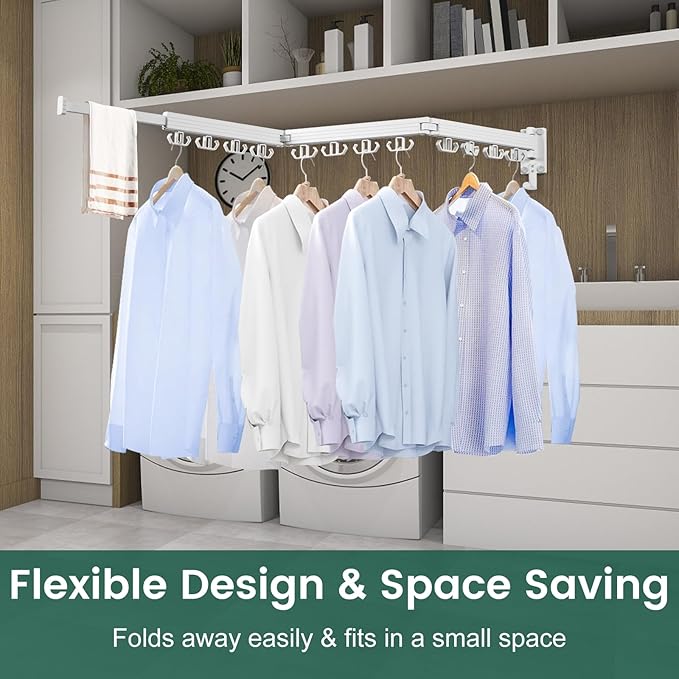 Wall Mounted Clothes Drying Rack, Laundry Drying Rack Wall Mount, 3-Fold Drying Rack Clothing, Foldable Clothes Drying Rack with 12 Dual Hooks Organization for Laundry Room Indoor - White-Ruum Studio Home