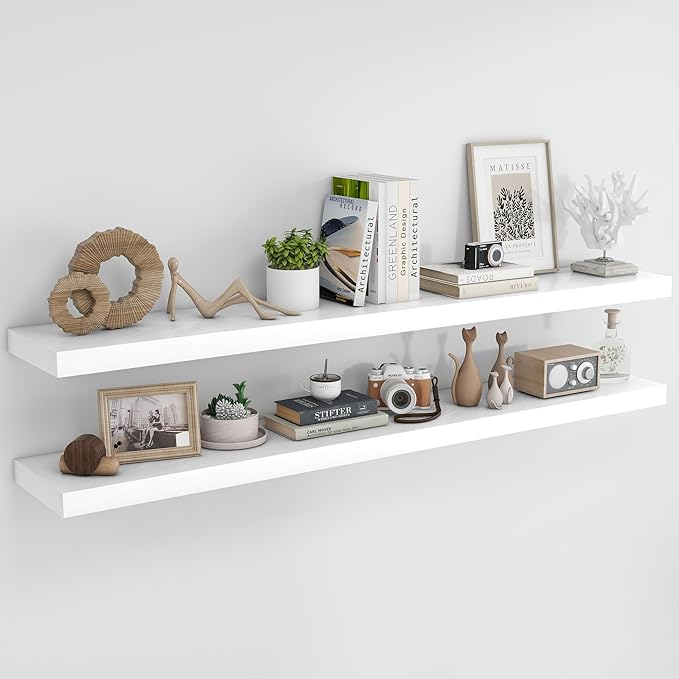 RICHFOCUS 72Inch Floating Shelves for Wall 2 Pack Shelves for Bedroom|Kitchen|Bathroom Wall Mounted Rustic Wood Floating Shelf with Invisible Brackets for Books|Storage|Decor, White-Ruum Studio Home