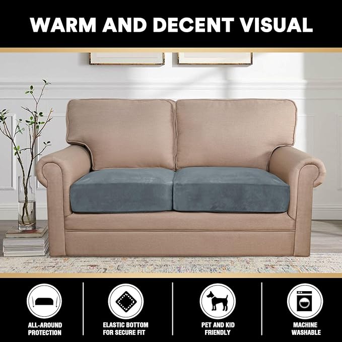PrinceDeco Velvet Couch Cushion Cover Soft Stretch Cushion Slipcover for Chair Loveseat Sofa Cushion Furniture Protector Seat Cushion Sofa Cover (2 Piece Large Sofa Cushion Covers, Stone Blue)-Ruum Studio Home