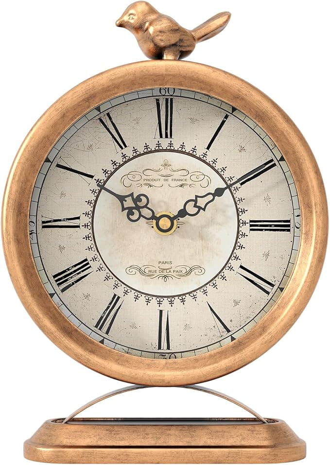 Vintage Table Clock with Bird, European Antique Style Gold Mantel Clocks, Desk and Shelf Decor Clock, for Farmhouse, Bedside, Living Room, Bedroom, Gift (9" H x 6.5" W)-Ruum Studio Home