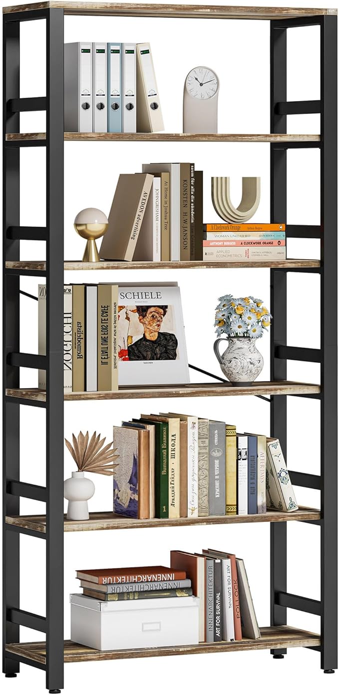 IRONCK Bookshelf, 31.5in Wide Shelf 6 Tier Bookcase, 110lbs/shelf Vintage Industrial Style Bookshelves for Bedroom, Living Room and Home Office, Industrial Brown-Ruum Studio Home