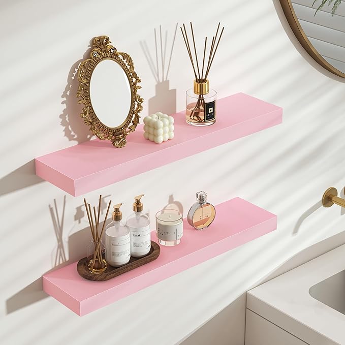 BAMEOS Pink Floating Shelves for Wall, 24" x 6" Wall Shelves for Room, Floating Book Shelves, Hanging Shelves for Bedroom, Bedroom, Living Room, Kitchen (Set of 2)-Ruum Studio Home