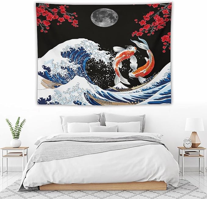 Houselerax Japanese Koi Fish Tapestry, Yin Yang Big Wave Red Cherry Blossom Tapestries Wall Hanging for Bedroom Living Room Office Decor 80"x60"-Ruum Studio Home