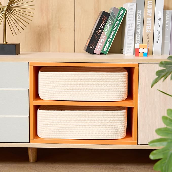 Large Shallow Organizing Baskets 15x11x5.1 Inches - Rope Woven Storage Bins for Bathroom, Shelves, Cube Closet, Beige 2 Packs-Ruum Studio Home