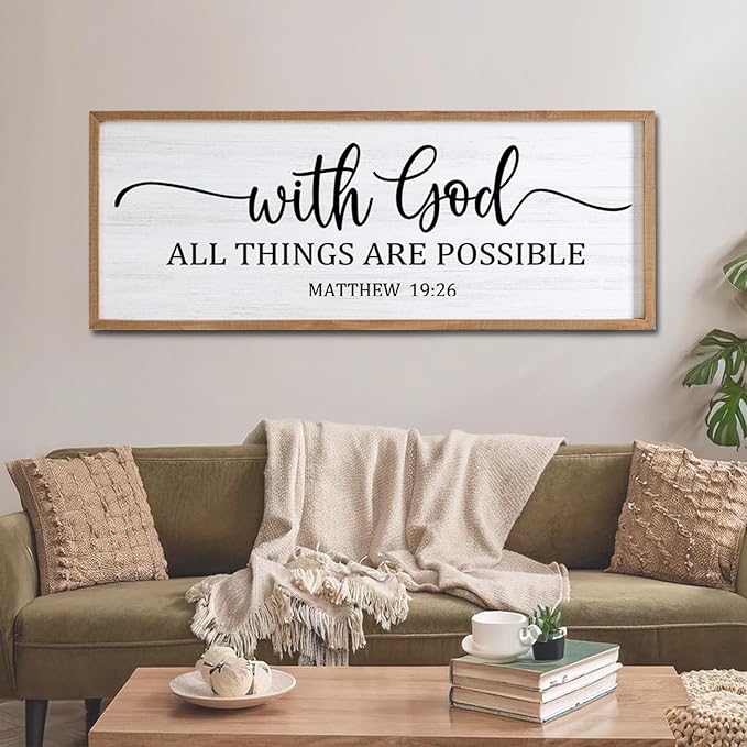 With God All Things are Possible Framed Wall Art, 40''×15'' Natural Religious Rustic Bible Verse for Christian God Jesus Christ Prayer, Holy Positive Horizontal Inspirational Catholic Scripture Decor-Ruum Studio Home