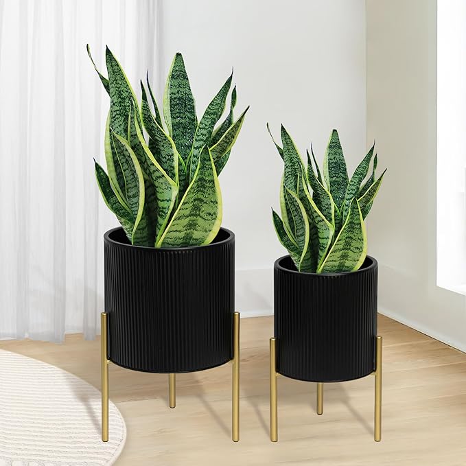 ARNIS Modern Planter Pots, Set of 2 Round Large Planters with Stand, Decorative Planters, Metal Pots with Drainage Holes for Living Room, Office, Garden or Balcony, 8.25 &10.5 Inch, Black & Gold-Ruum Studio Home