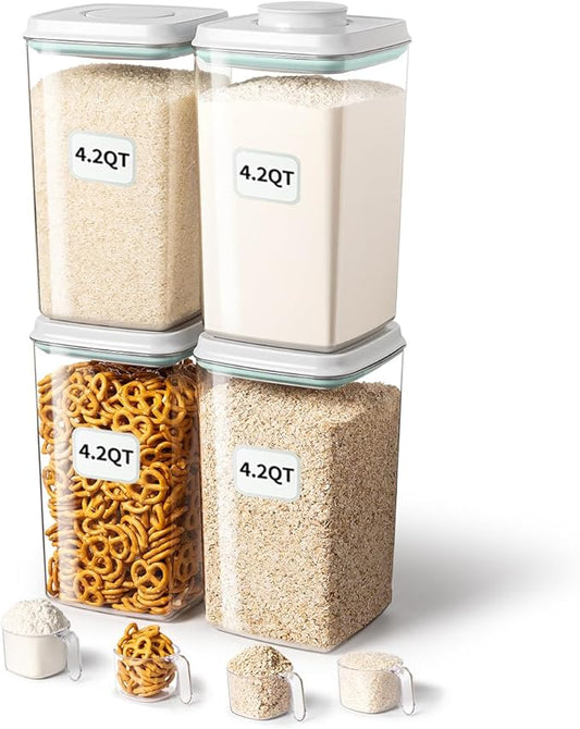 Ankou Airtight Food Storage Container with Pop Lid & 130ml Scoop, 4L/4.2qt *4 BPA-Free Cereal, Rice, Flour, Pasta & Snack Container, Stackable & Durable,Kitchen Pantry Organizer-Ruum Studio Home