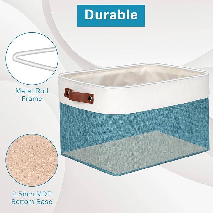 Storage Bins Large Fabric Storage Baskets for Shelves 3 Pack, Decorative Linen Closet Baskets with Handles for Organizing, Shelf, Clothes, Home, Office, 15x11x9.5Inches (Teal&White)-Ruum Studio Home