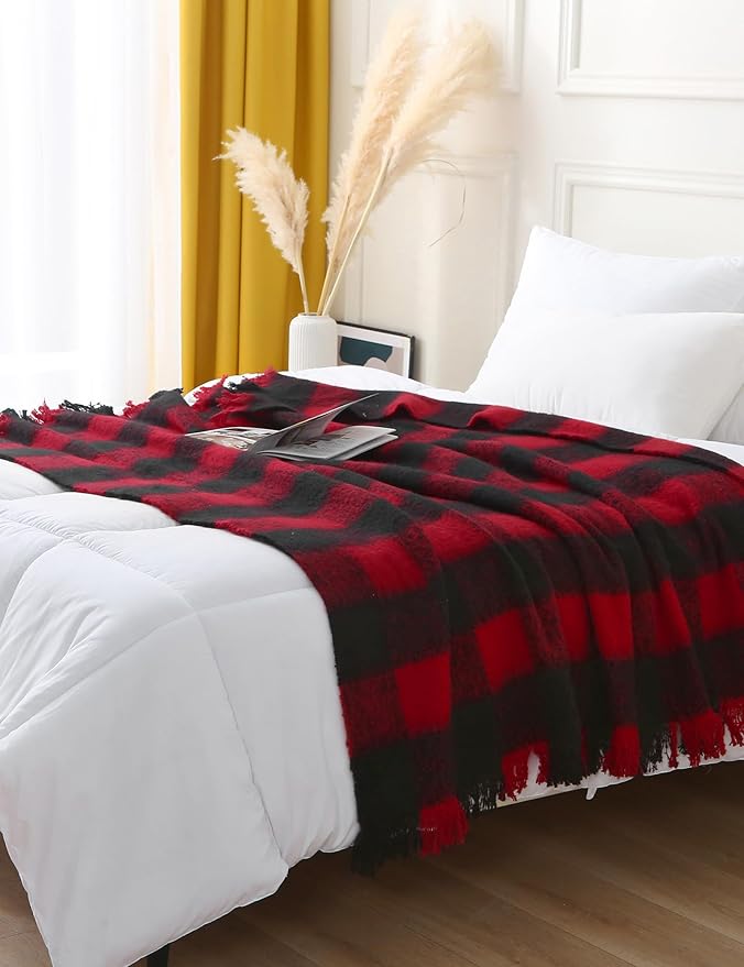 ZonLi Christmas Buffalo Plaid Throw Blanket, 50" x 60" Black and Red Decorative Blankets with Tassel for Couch, Bed, Sofa, Chair, Outdoor, Cozy Warm Lightweight Farmhouse-Ruum Studio Home