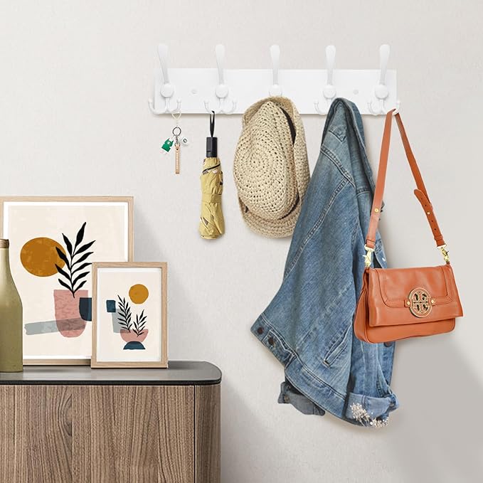 2pcs Coat Rack Wall Mount Coat Hooks Wooden Hat Rack for Wall Hooks Pine Real Wood Plank 16.9" White Coat Hanger with 5 White Triple Hooks for Hanging Coat Hat Jacket-Ruum Studio Home