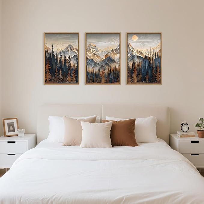 Celestdeco Wood Mountain Framed Canvas Wall Art Set, Pine Trees Wall Painting, Ridge Scenery Wall Decor, Natural Sun Landscape Art Print for Living Room, Bedroom, Dining Room, Office - 24"x36"x3-Ruum Studio Home