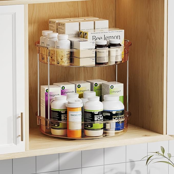 LAMU 2 Pack 2 Tier Lazy Susan Turntable Organizer 12'' Rotating Spice Rack Organization for Cabinet, Kitchen, Pantry, Countertop, Bathroom, Vanity, Medicine Cabinet Organizer, Amber-Ruum Studio Home