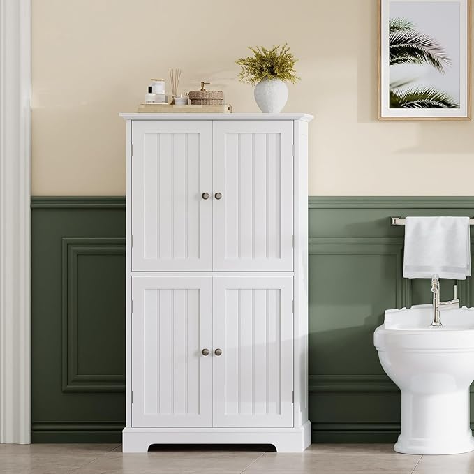 ChooChoo Bathroom Floor Cabinet, Modern Bathroom Storage Cabinet with 4 Doors and Adjustable Shelves, Freestanding Cupboard for Living Room, White-Ruum Studio Home