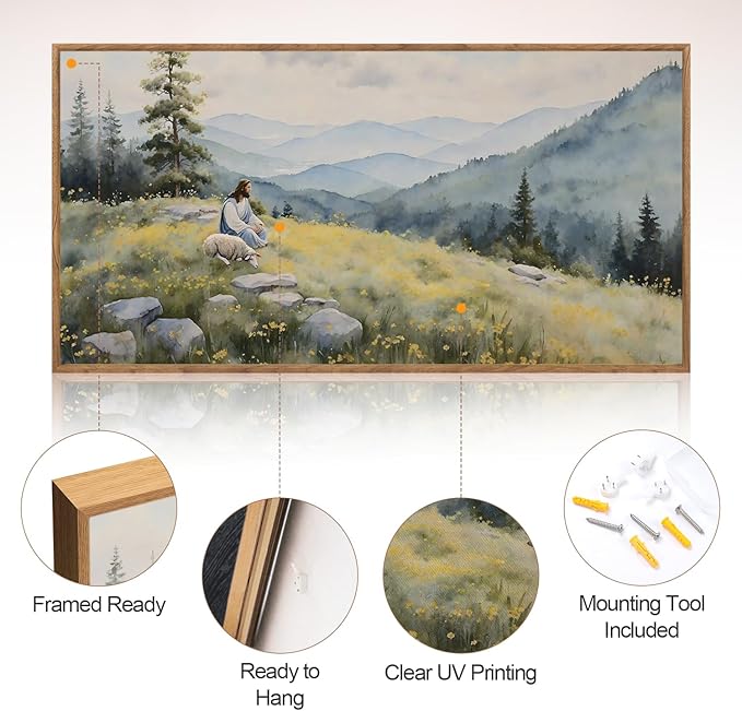 Aurlan Christian Jesus with Lost Sheep Wall Art(40"x20"), Boho Religious Lamb The Good Shepherd Psalm 23 Canvas Artwork, Large Abstcat Watercolor Vintage Nature Landscape Bible Story Decor for Home Dining Room Christ Gift-Ruum Studio Home