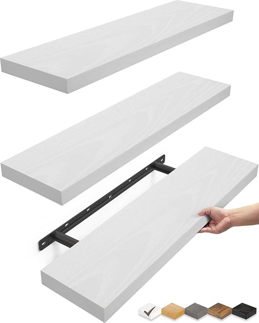 BAYKA Floating Shelves for Wall, 22.5 inches Wall Mounted Rustic Wood Shelves for Bathroom, Bedroom, Living Room, Floating Shelves for Books/Storage/Decor (White,Set of 3)-Ruum Studio Home