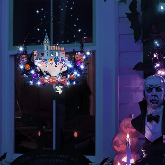 Lighted Halloween Wreaths for Front Door, Welcome Metal Wooden Door Wreath Decor Hanging Sign, 30 LED Lighted Wall Decor Battery Operated for Halloween Indoor Outdoor (Ghost)-Ruum Studio Home