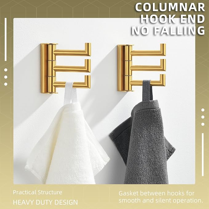 Angle Simple Towel Hooks Swivel, SUS 304 Stainless Steel 3 Arms Foldable Hand Towel Holder, Coat Hooks, Brushed Gold, 2 Pack-Ruum Studio Home