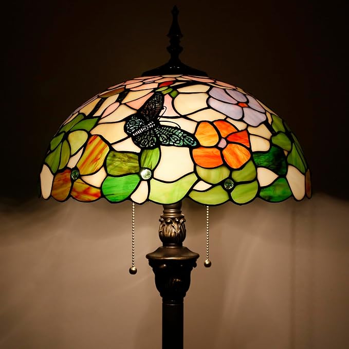 Tiffany Floor Lamp Stained Glass Lamp Standing Reading Light 16x16x70 Inch for Living Room (Butterfly Flowers)-Ruum Studio Home