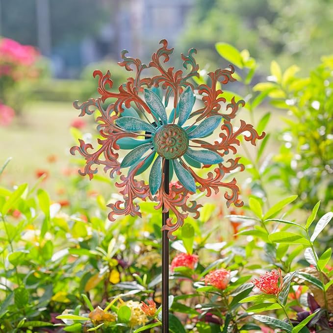 Viveta Wind Spinners Outdoor, Metal Wind Sculptures for Yard and Garden,13 * 57 "Double Windmill with Stable Stake-Ruum Studio Home