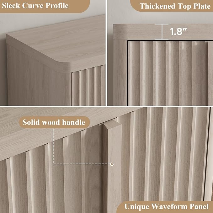 Fluted Buffet Cabinet with Storage, 60" Sideboard Buffet Accent Cabinet with 4 Door & Solid Wood Handle, Modern Buffet Table Credenza Console Cabinets for Living Room, Dining Room, Kitchen, Oak(1PCS)-Ruum Studio Home