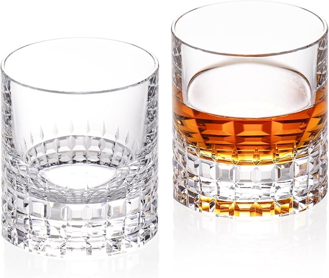 KAMMAK Crystal Whiskey Glasses Set of 2, Luxury 7.78oz Old Fashioned Glasses Stemless, Hand Blown Cocktail Glasses, Handcrafted Cut Scotch Cup for Women, Men Gift for Bourbon Barware, Home Bar-Ruum Studio Home
