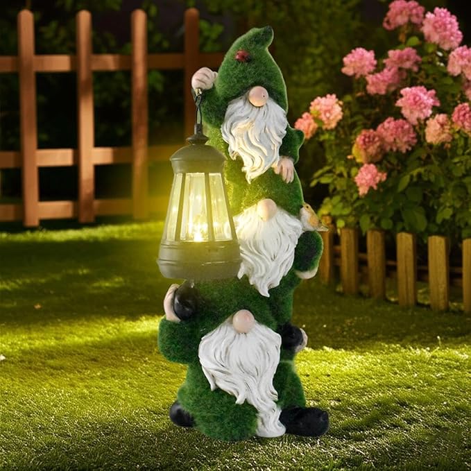 Solar Garden Three Gnome Statue Stacked Flocked with LED Light, Outdoor Waterproof Lawn Ornament Decor for Patio Lawn Yard Pathway Gift Idea for Women Mom Mothers Day-Ruum Studio Home