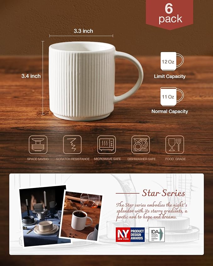 famiware Coffee Mug Set for 6, Star 12 oz Catering Mugs Cup Set with Handle for Coffee, Tea, Cocoa, Milk - Ceramic Stoneware Drinkware Set, Matte White + Matte Black-Ruum Studio Home