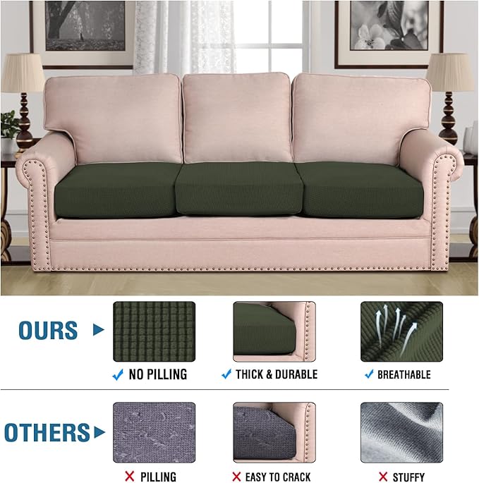 H.VERSAILTEX Super Stretch Individual Seat Cushion Covers Sofa Covers Couch Covers Slipcover Sets Thick Jacquard Textured Twill Fabric (3 Piece XL Sofa Cushion Covers, Olive)-Ruum Studio Home
